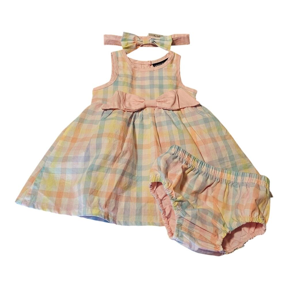 Andy & Evan 3 Pc Set Size 3–6 Months Pastel Plaid Dress, Bloomers & Headband